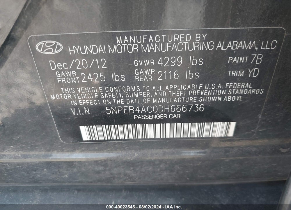 2013 HYUNDAI SONATA GLS VIN: 5NPEB4AC0DH666736