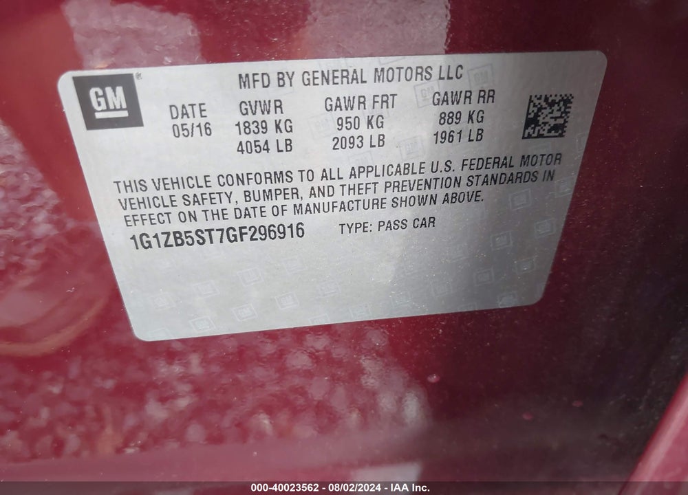 2016 CHEVROLET MALIBU LS VIN: 1G1ZB5ST7GF296916