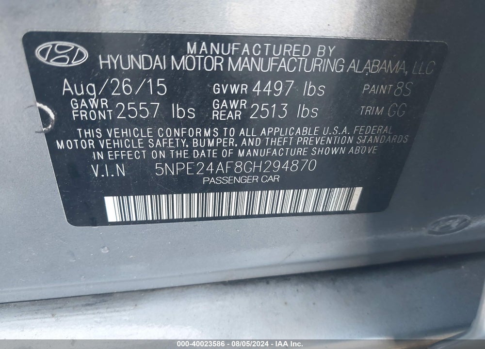 2016 HYUNDAI SONATA SE VIN: 5NPE24AF8GH294870
