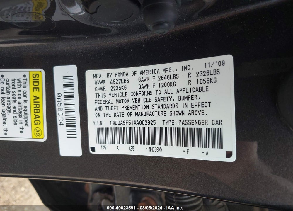 2010 ACURA TL 3.7 VIN: 19UUA9F51AA002925