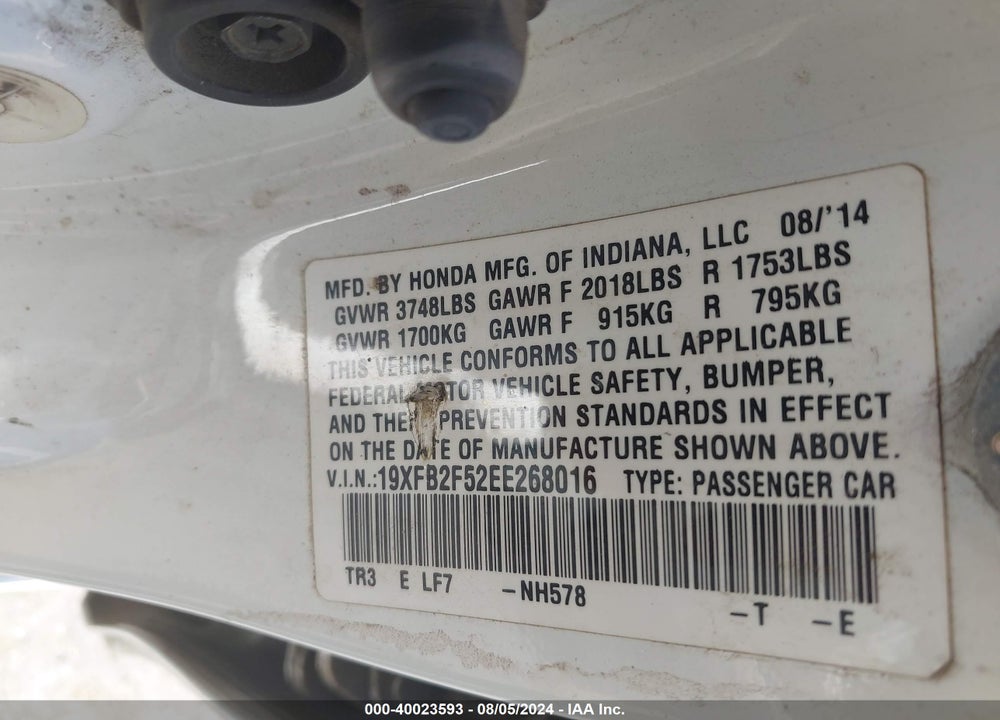 2014 HONDA CIVIC LX VIN: 19XFB2F52EE268016