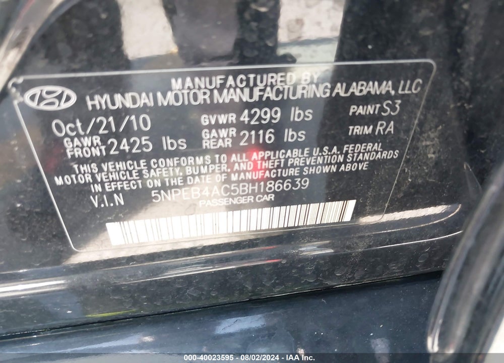 2011 HYUNDAI SONATA GLS VIN: 5NPEB4AC5BH186639