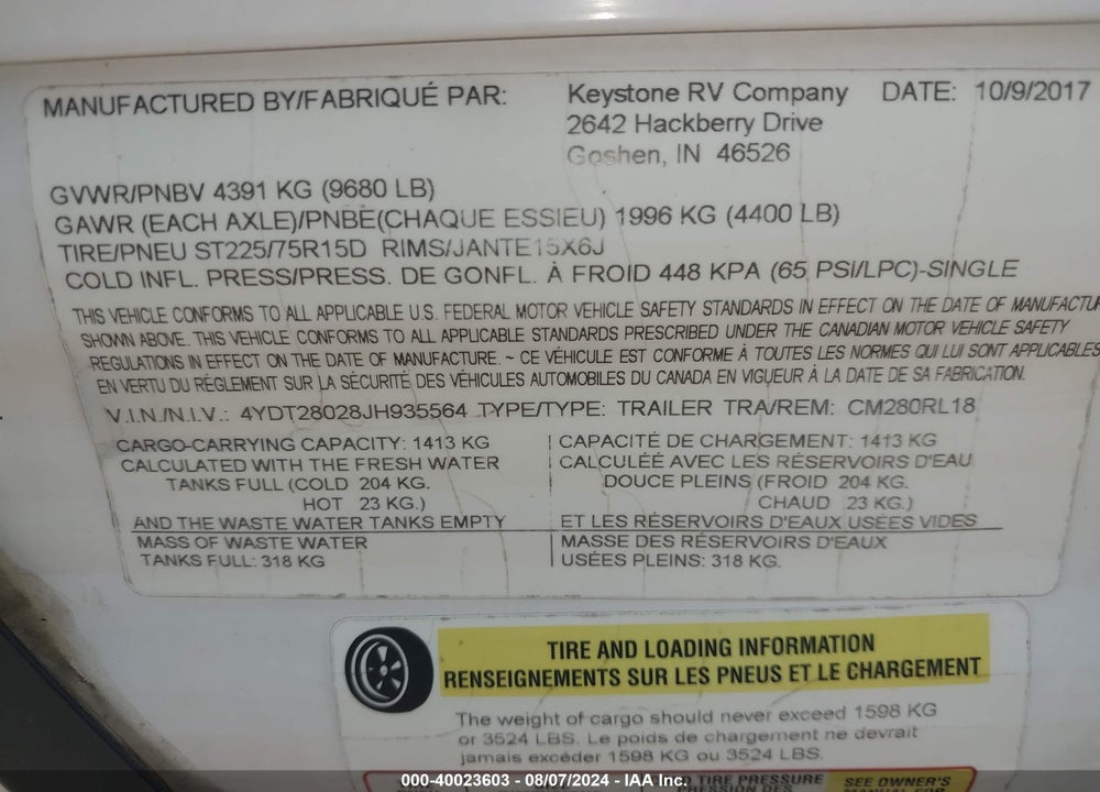 2018 KEYSTONE COLEMAN LANTERN VIN: 4YDT28028JH935564