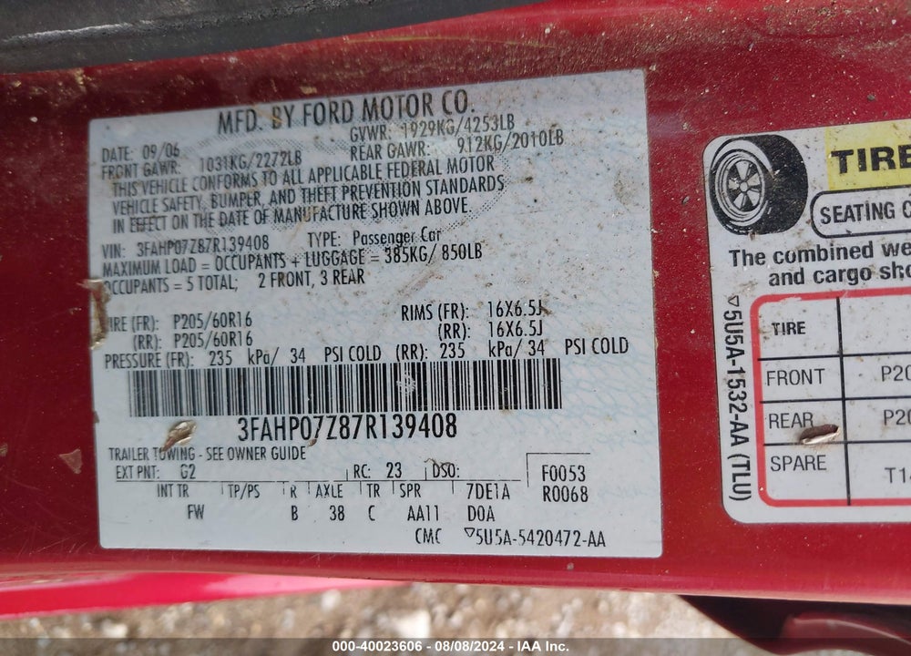 2007 FORD FUSION SE VIN: 3FAHP07Z87R139408