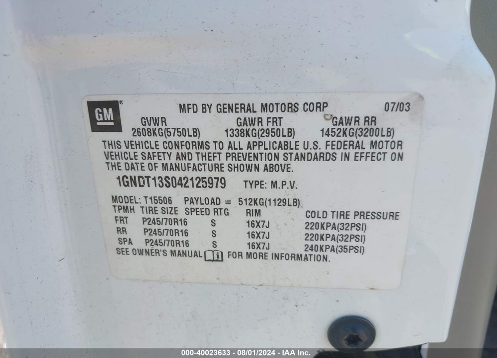 2004 CHEVROLET TRAILBLAZER LS VIN: 1GNDT13S042125979