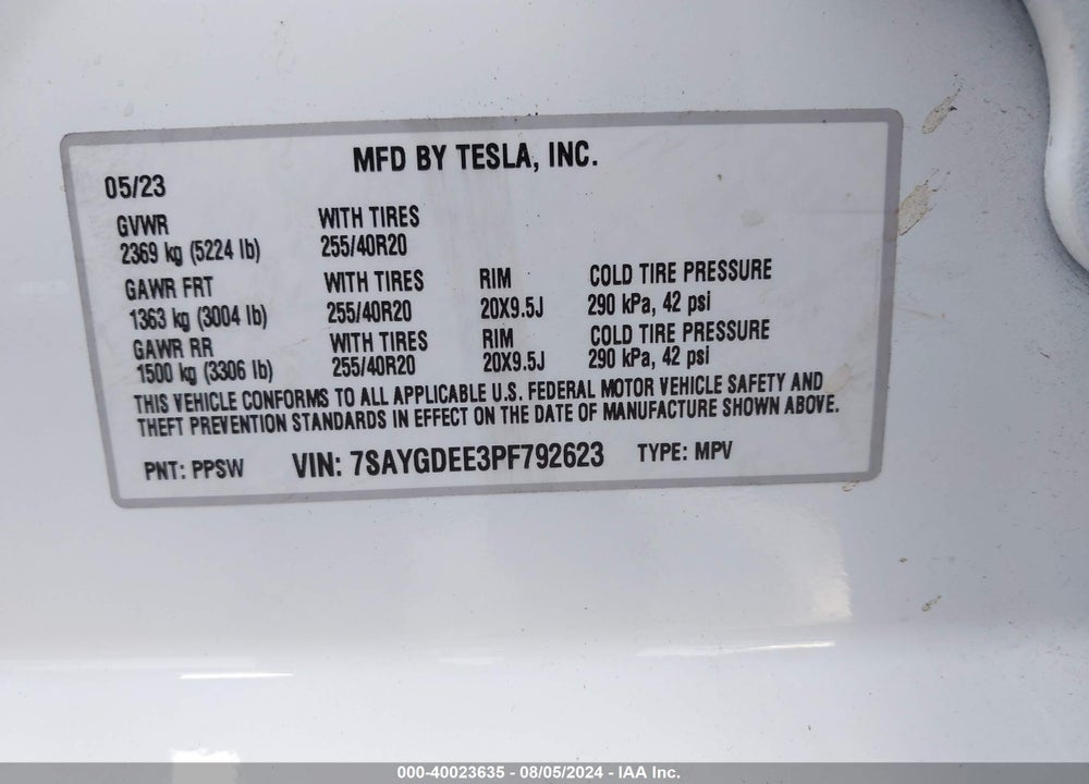2023 TESLA MODEL Y AWD/LONG RANGE DUAL MOTOR ALL-WHEEL DRIVE VIN: 7SAYGDEE3PF792623