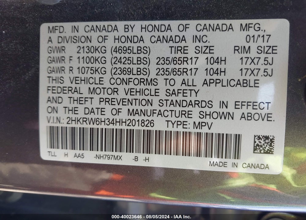 2017 HONDA CR-V LX VIN: 2HKRW6H34HH201826