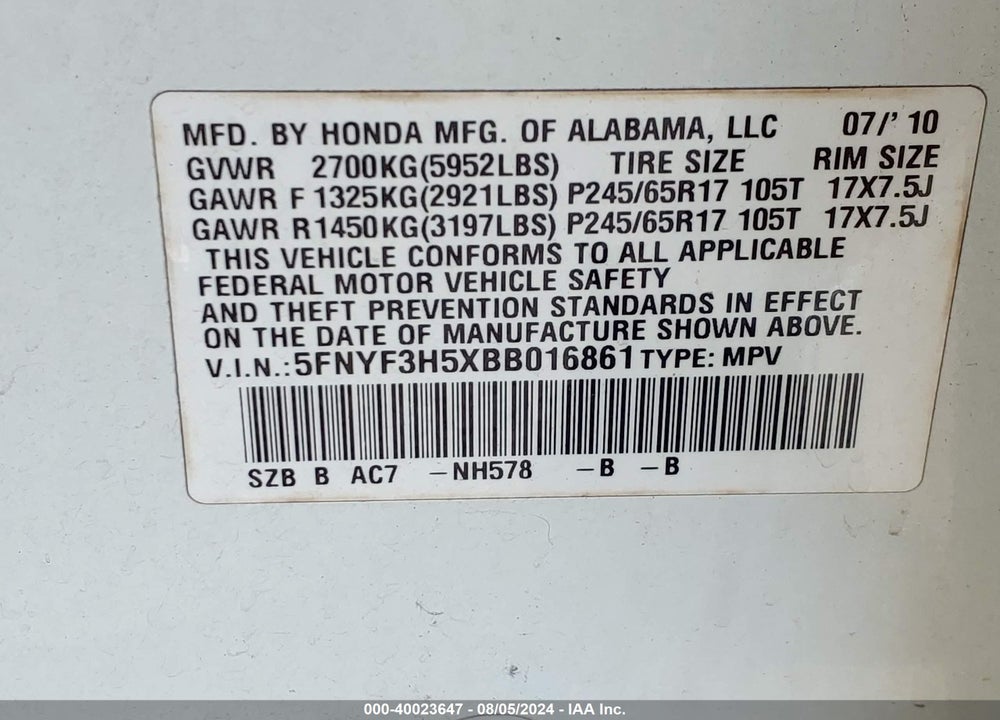 2011 HONDA PILOT EX-L VIN: 5FNYF3H5XBB016861