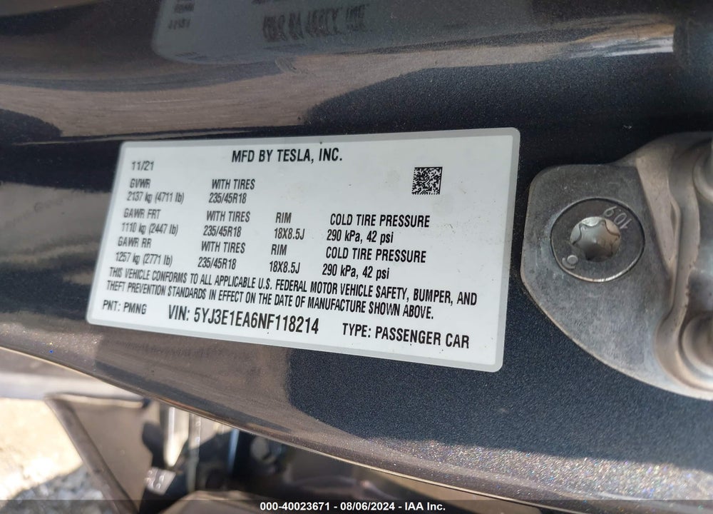 2022 TESLA MODEL 3 REAR-WHEEL DRIVE VIN: 5YJ3E1EA6NF118214