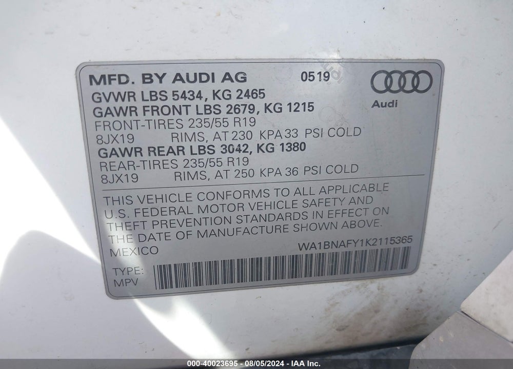2019 AUDI Q5 45 PREMIUM VIN: WA1BNAFY1K2115365