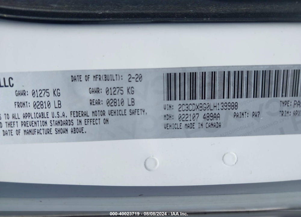 2020 DODGE CHARGER SXT RWD VIN: 2C3CDXBG0LH139988