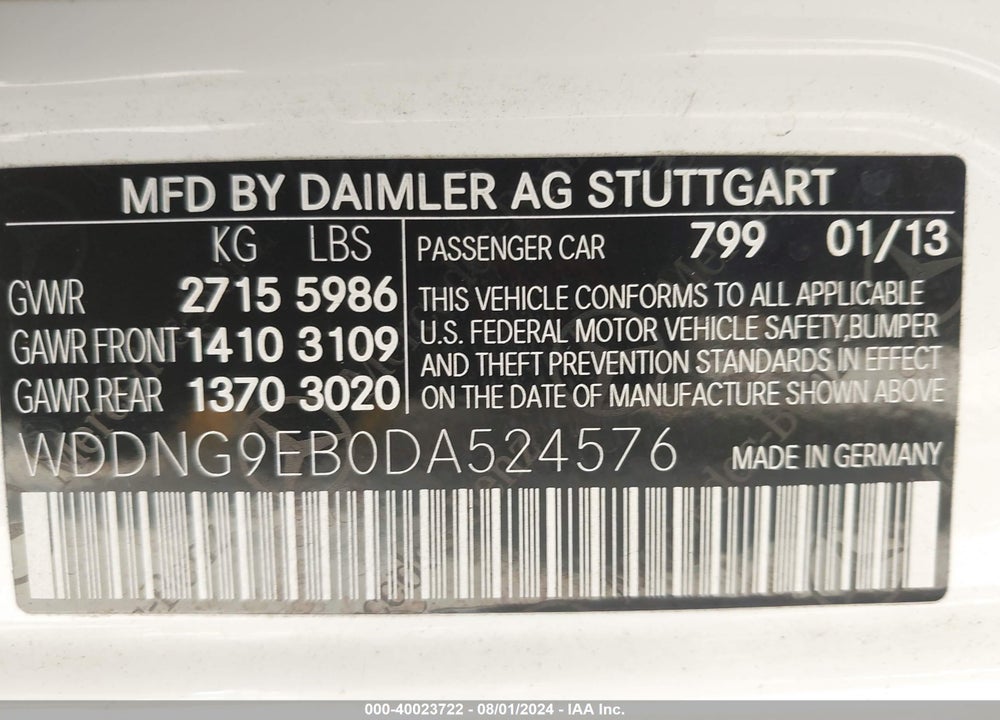 2013 MERCEDES-BENZ S 550 4MATIC VIN: WDDNG9EB0DA524576