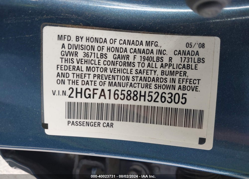 2008 HONDA CIVIC LX VIN: 2HGFA16588H526305