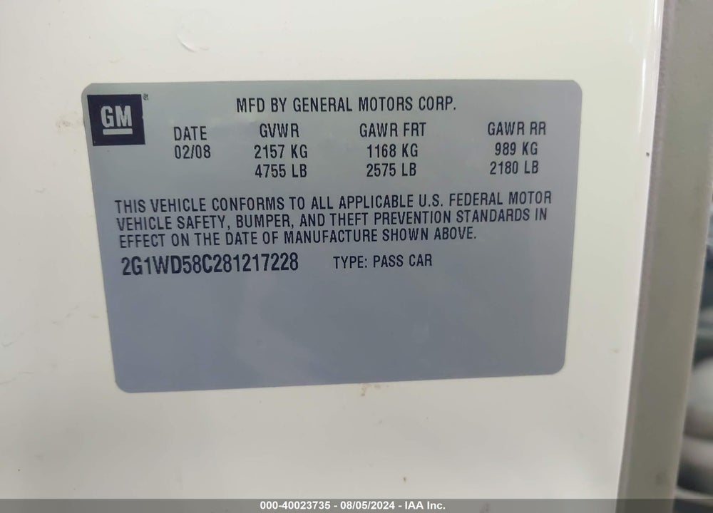 2008 CHEVROLET IMPALA  SS VIN: 2G1WD58C281217228