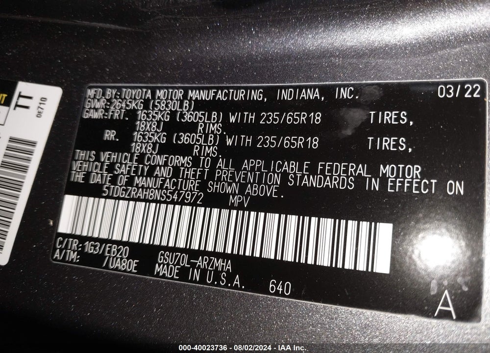 2022 TOYOTA HIGHLANDER XLE VIN: 5TDGZRAH8NS547972