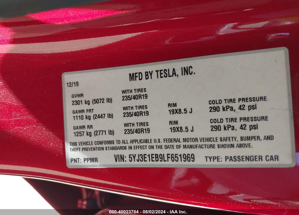 2020 TESLA MODEL 3 LONG RANGE DUAL MOTOR ALL-WHEEL DRIVE VIN: 5YJ3E1EB9LF651969
