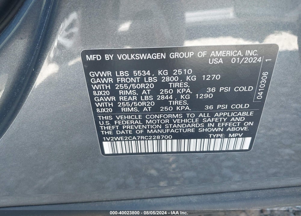 2024 VOLKSWAGEN ATLAS CROSS SPORT 2.0T SE W/TECHNOLOGY VIN: 1V2WE2CA7RC228700