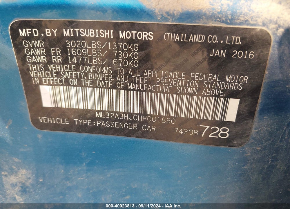 2017 MITSUBISHI MIRAGE ES VIN: ML32A3HJ0HH001850