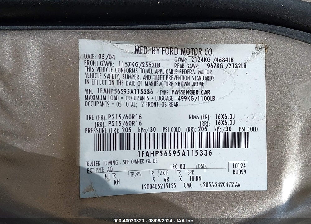 2005 FORD TAURUS SEL VIN: 1FAHP56S95A115336