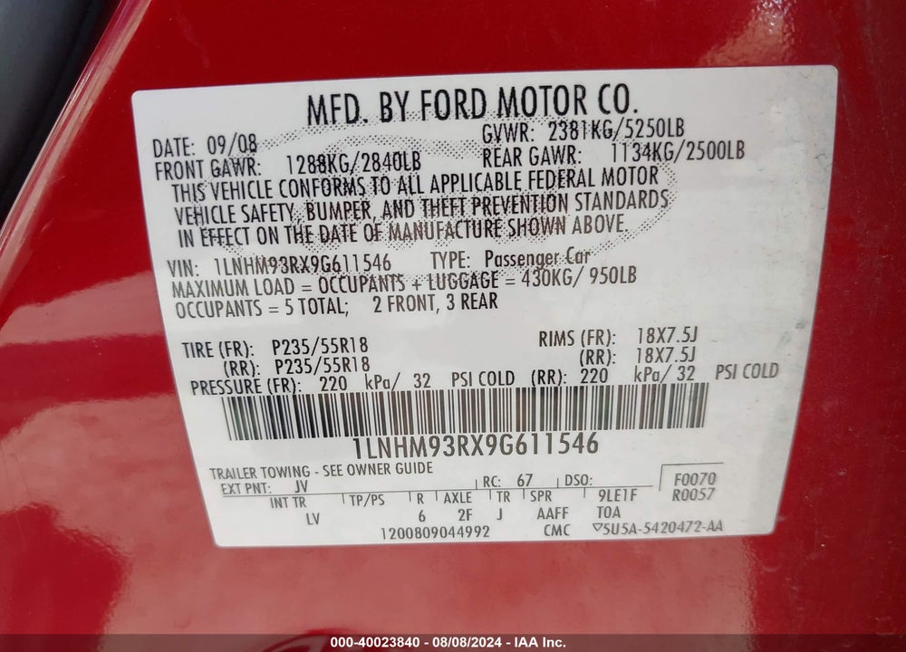 2009 LINCOLN MKS VIN: 1LNHM93RX9G611546