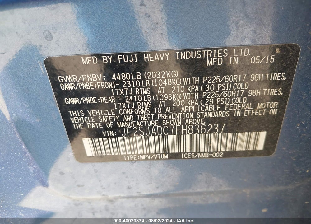 2015 SUBARU FORESTER 2.5I PREMIUM VIN: JF2SJADC7FH836237