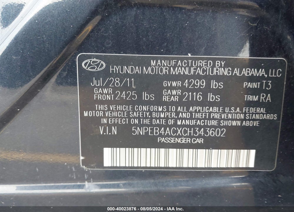 2012 HYUNDAI SONATA GLS VIN: 5NPEB4ACXCH343602