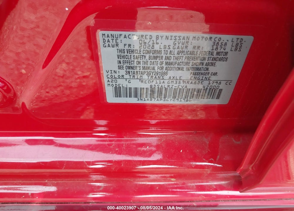 2016 NISSAN SENTRA SR VIN: 3N1AB7AP3GY291986