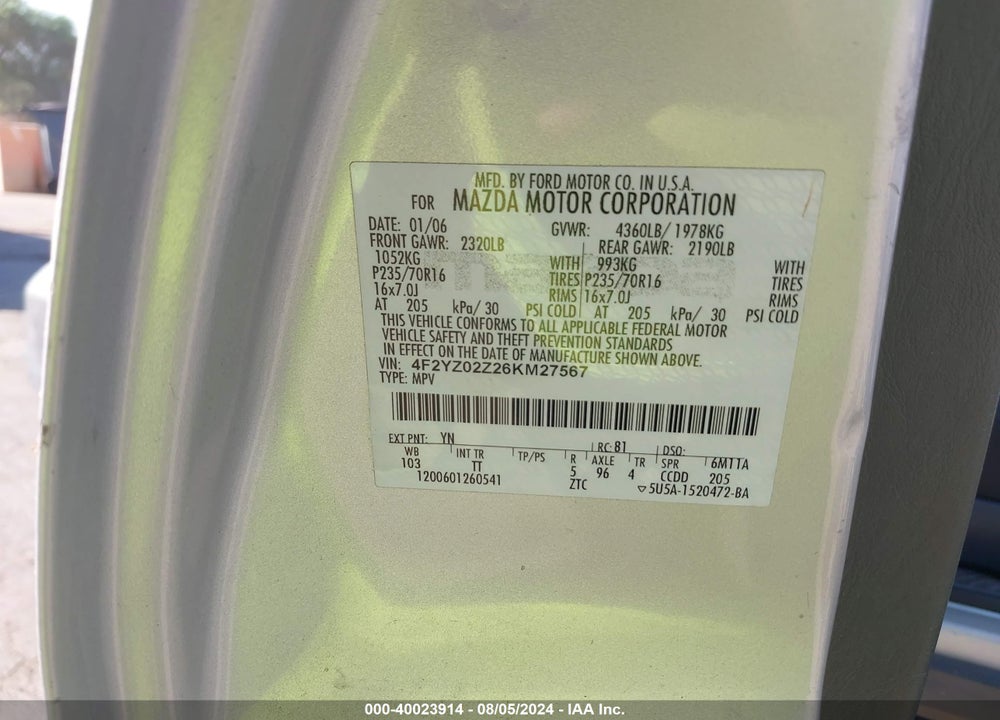 2006 MAZDA TRIBUTE I VIN: 4F2YZ02Z26KM27567