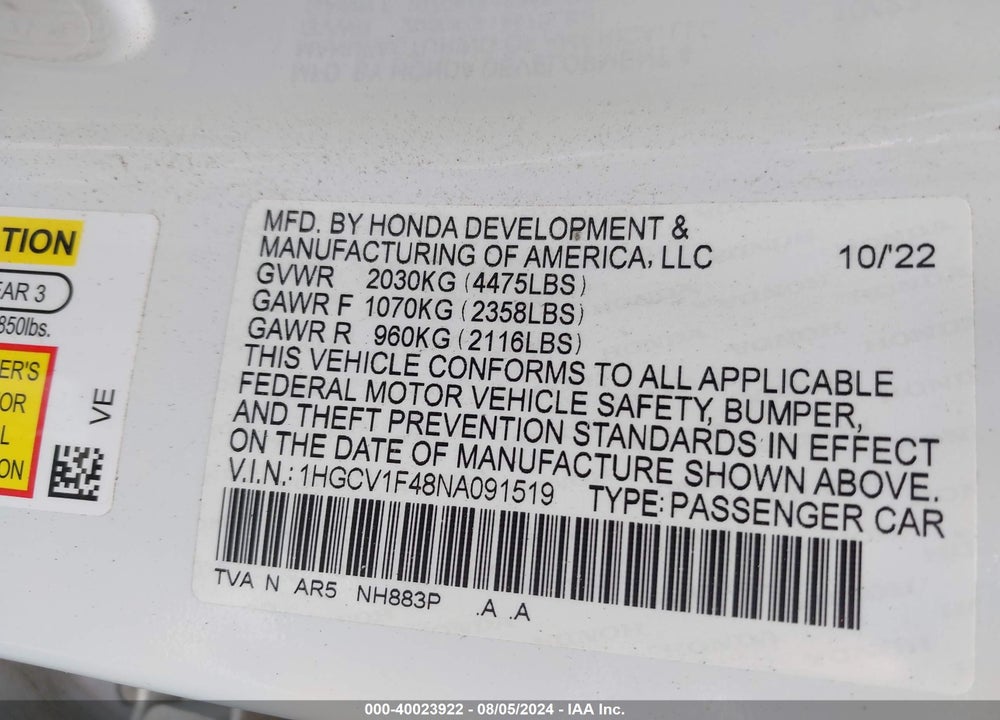 2022 HONDA ACCORD SPORT SPECIAL EDITION VIN: 1HGCV1F48NA091519