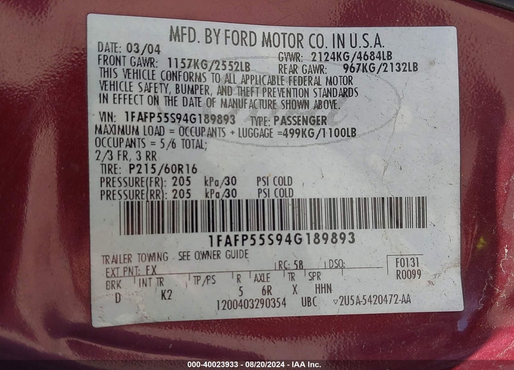 2004 FORD TAURUS VIN: 1FAFP55S94G189893