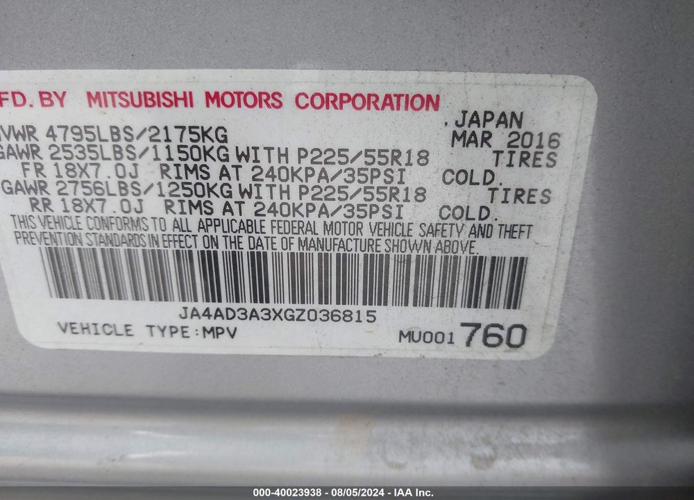 2016 MITSUBISHI OUTLANDER SE/SEL VIN: JA4AD3A3XGZ036815