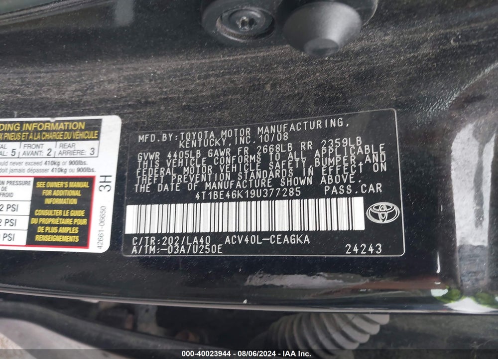 2009 TOYOTA CAMRY XLE VIN: 4T1BE46K19U377285