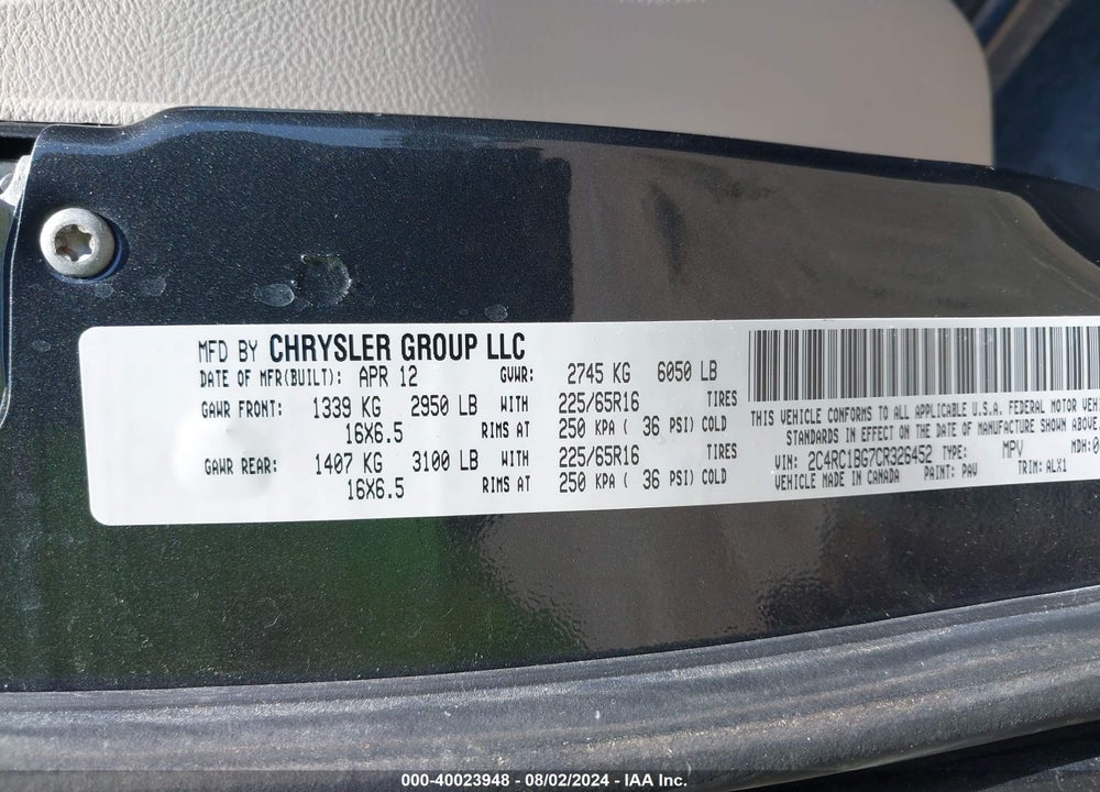 2012 CHRYSLER TOWN & COUNTRY TOURING VIN: 2C4RC1BG7CR326452