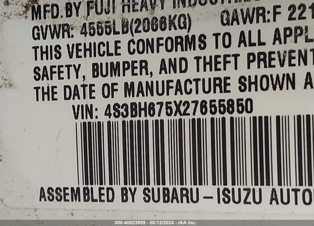 2002 SUBARU OUTBACK VIN: 4S3BH675X27655850