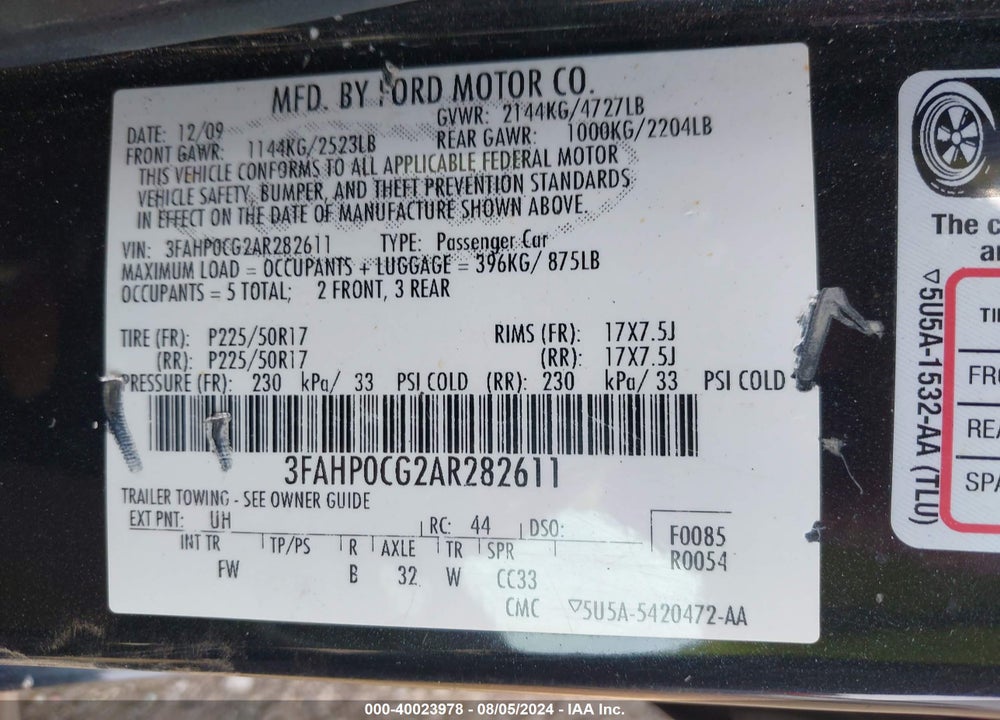 2010 FORD FUSION SEL VIN: 3FAHP0CG2AR282611
