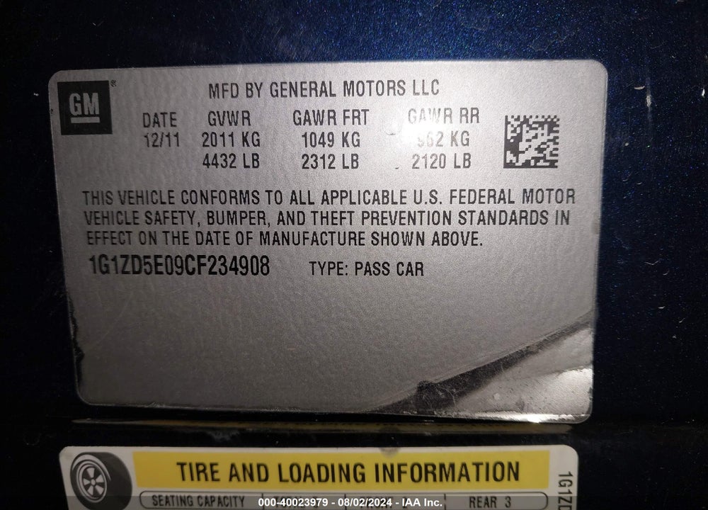 2012 CHEVROLET MALIBU 2LT VIN: 1G1ZD5E09CF234908