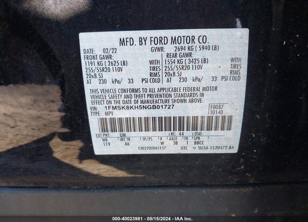 2022 FORD EXPLORER ST-LINE VIN: 1FMSK8KH5NGB01727