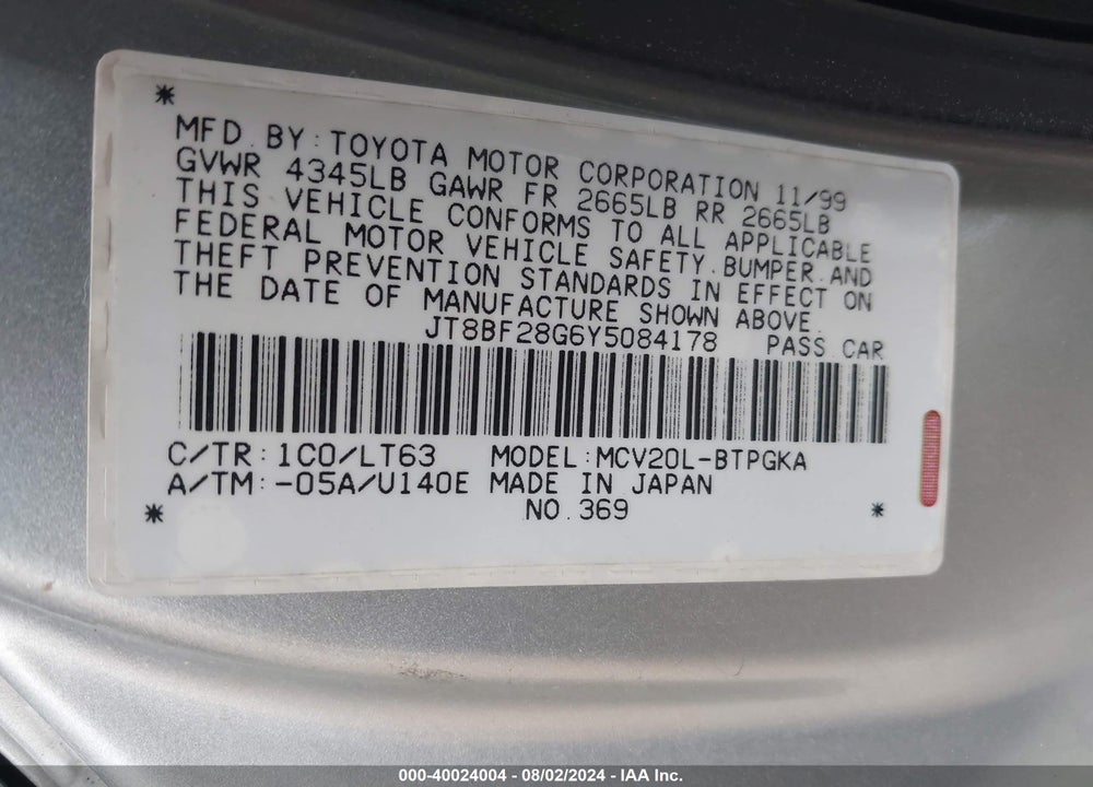 2000 LEXUS ES 300 VIN: JT8BF28G6Y5084178