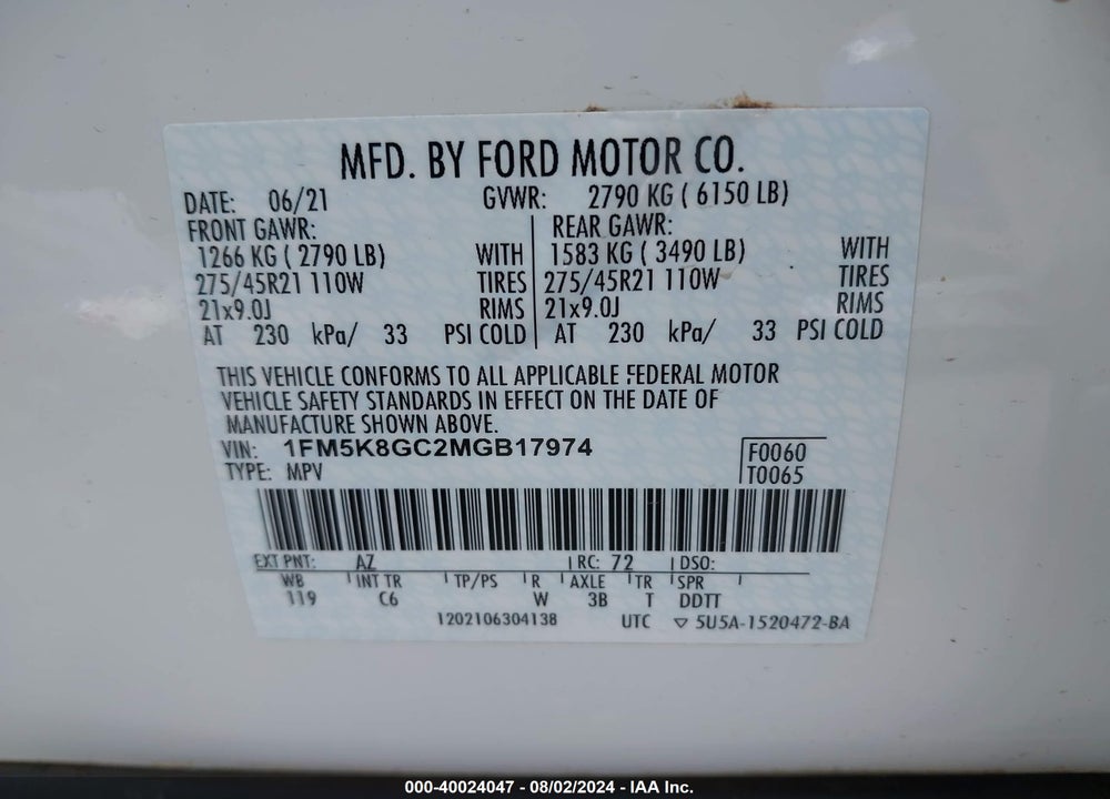 2021 FORD EXPLORER ST VIN: 1FM5K8GC2MGB17974