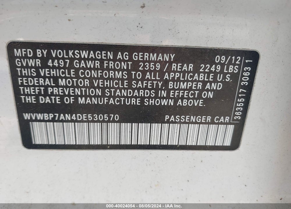 2013 VOLKSWAGEN CC 2.0T SPORT VIN: WVWBP7AN4DE530570