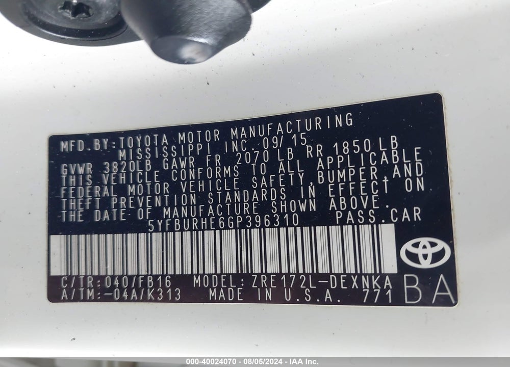 2016 TOYOTA COROLLA LE VIN: 5YFBURHE6GP396310