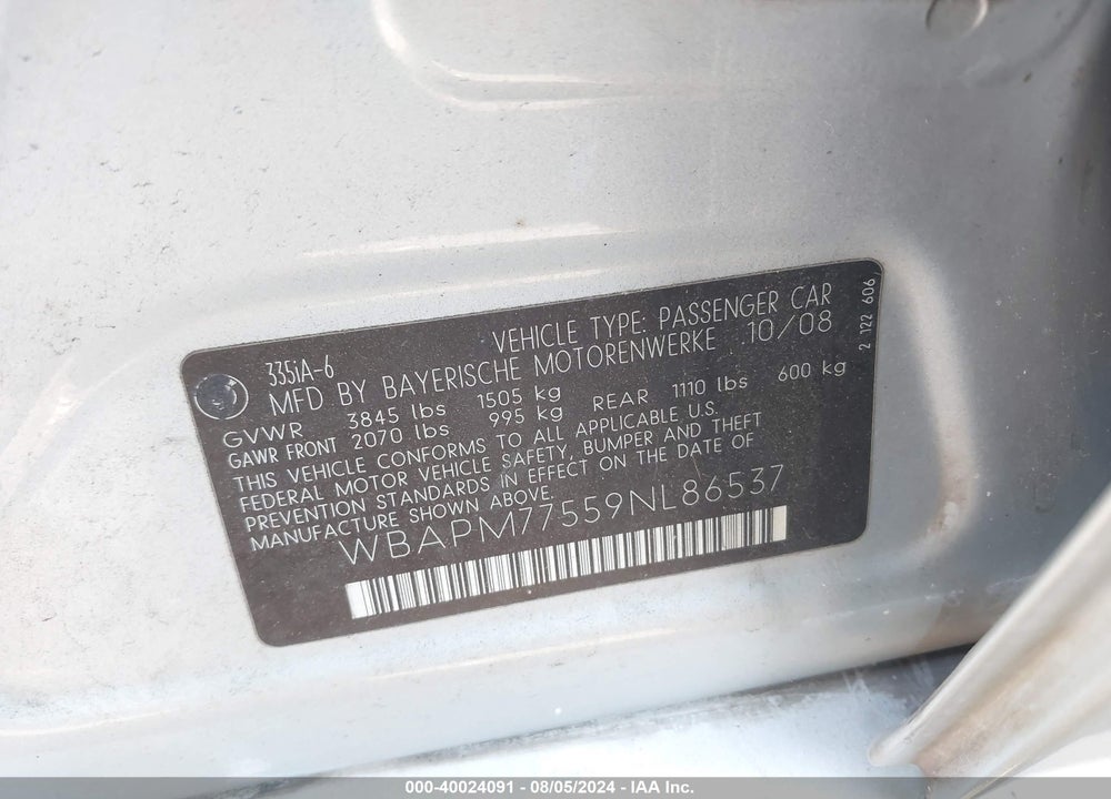 2009 BMW 335I VIN: WBAPM77559NL86537
