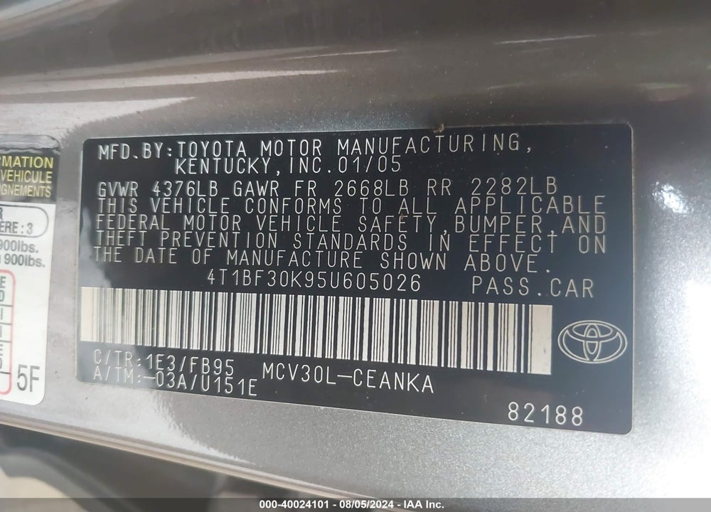 2005 TOYOTA CAMRY LE V6 VIN: 4T1BF30K95U605026