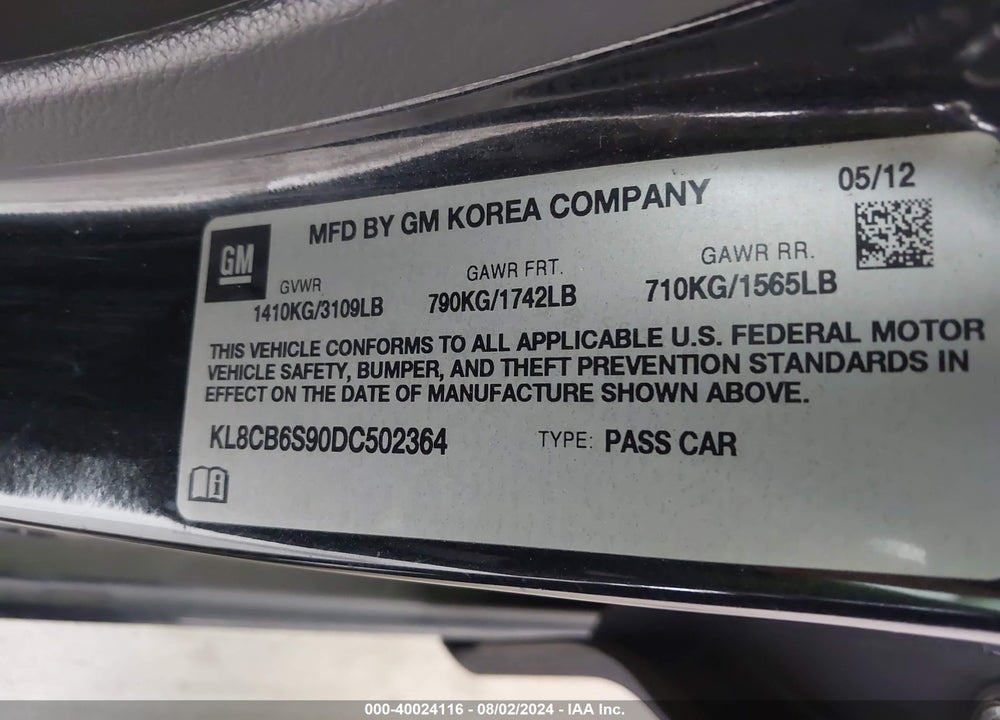 2013 CHEVROLET SPARK LS AUTO VIN: KL8CB6S90DC502364