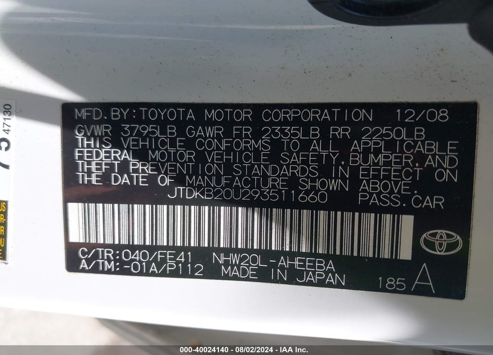2009 TOYOTA PRIUS VIN: JTDKB20U293511660