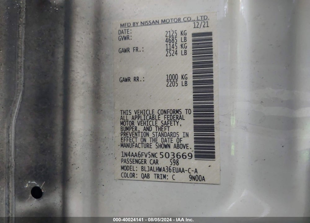 2022 NISSAN MAXIMA PLATINUM XTRONIC CVT VIN: 1N4AA6FV5NC503669