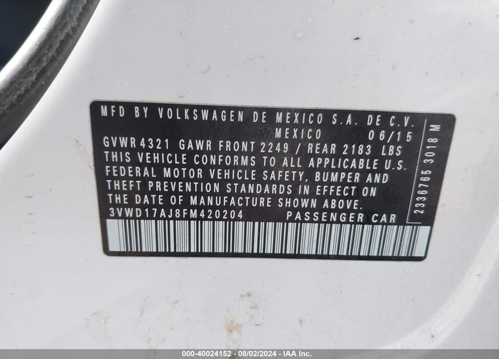 2015 VOLKSWAGEN JETTA 1.8T SPORT VIN: 3VWD17AJ8FM420204