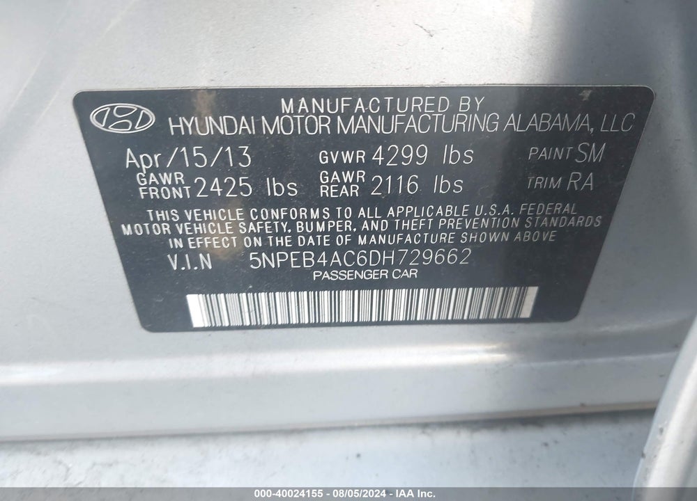 2013 HYUNDAI SONATA VIN: 5NPEB4AC6DH729662