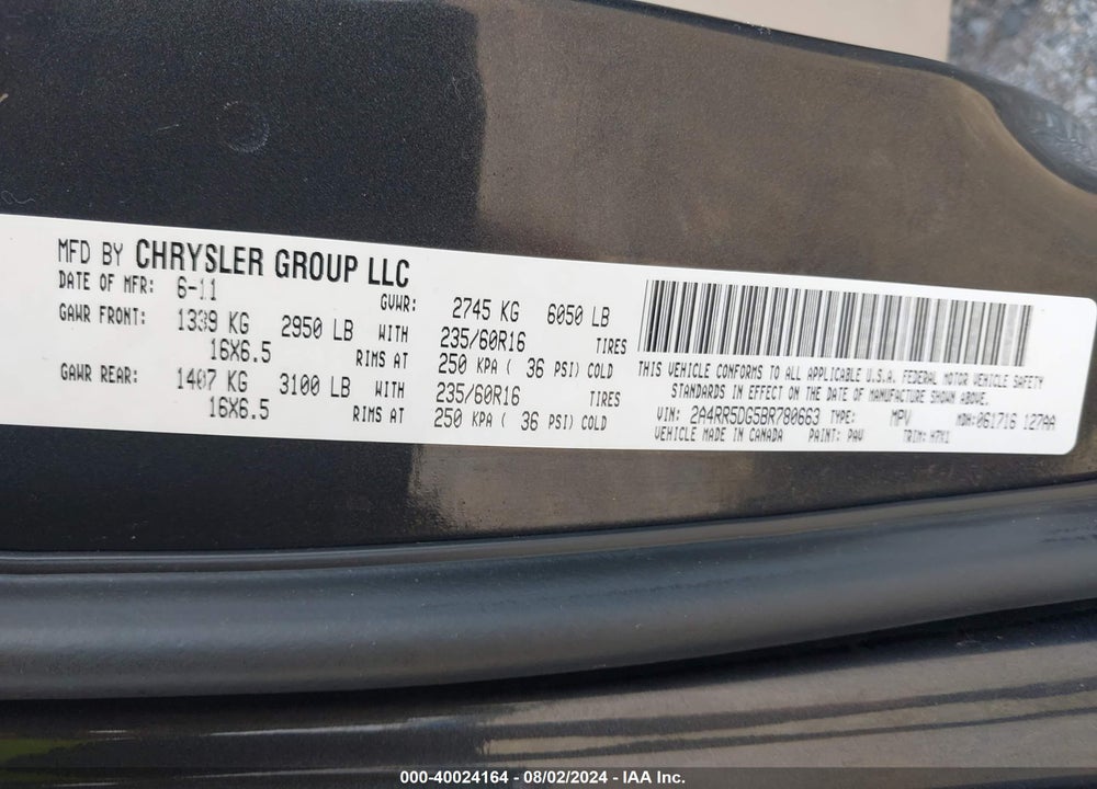 2011 CHRYSLER TOWN & COUNTRY TOURING VIN: 2A4RR5DG5BR780663