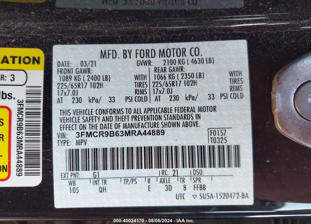 2021 FORD BRONCO SPORT BIG BEND VIN: 3FMCR9B63MRA44889